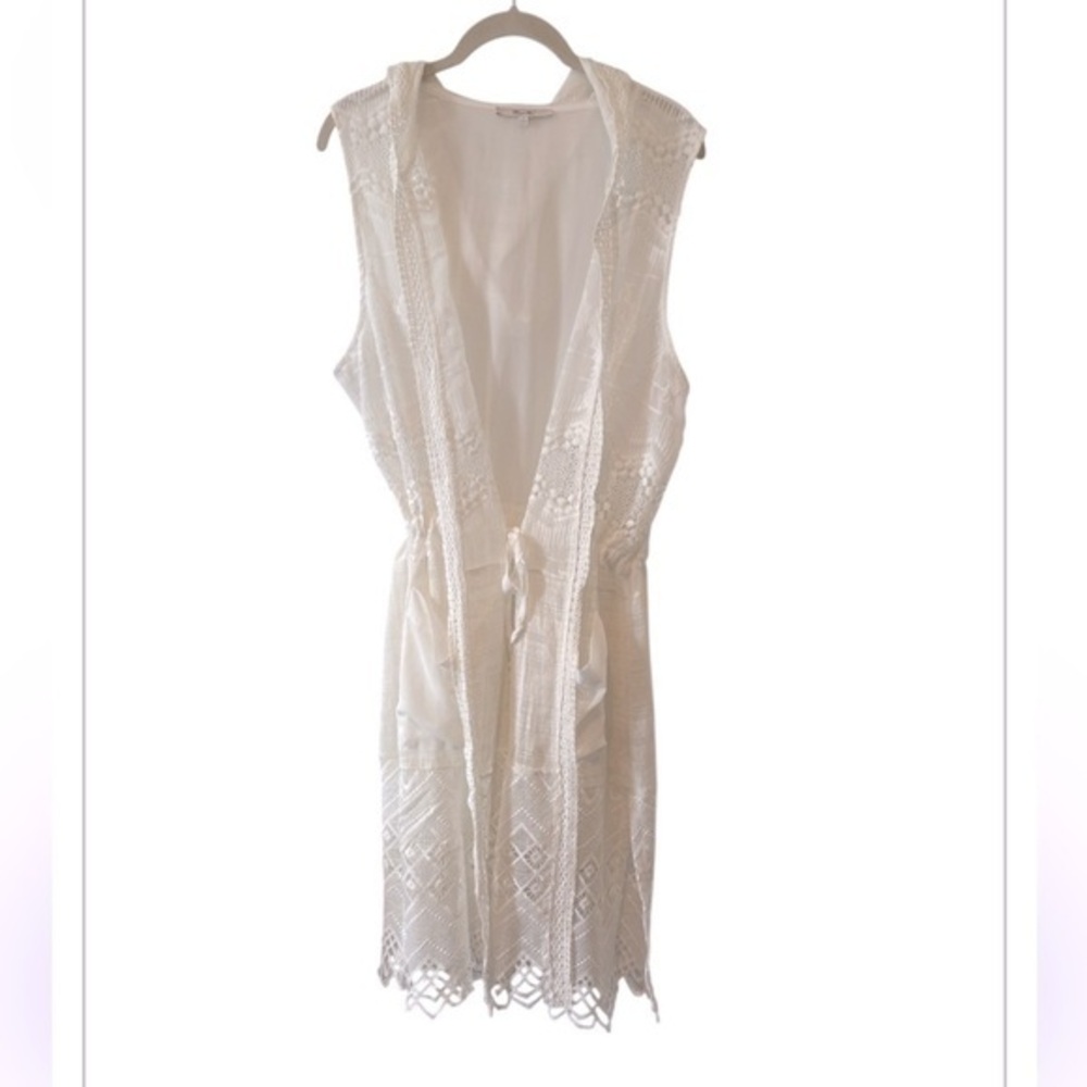 NWT Miss Me White Crochet Lace SIvless Hooded Open Duster Top w/Pockets S
